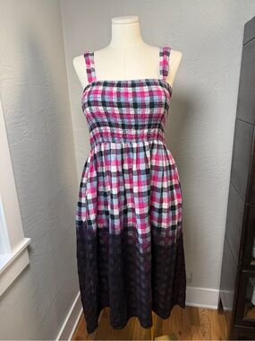Altar Houseline Leah Handmaid Plaid  Smocked Midi Dress Pink Black Gray Size XL